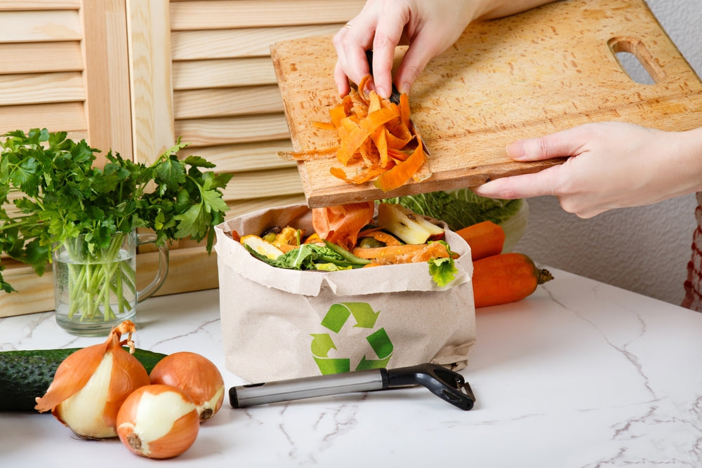 A person reducing food waste in the kitchen.