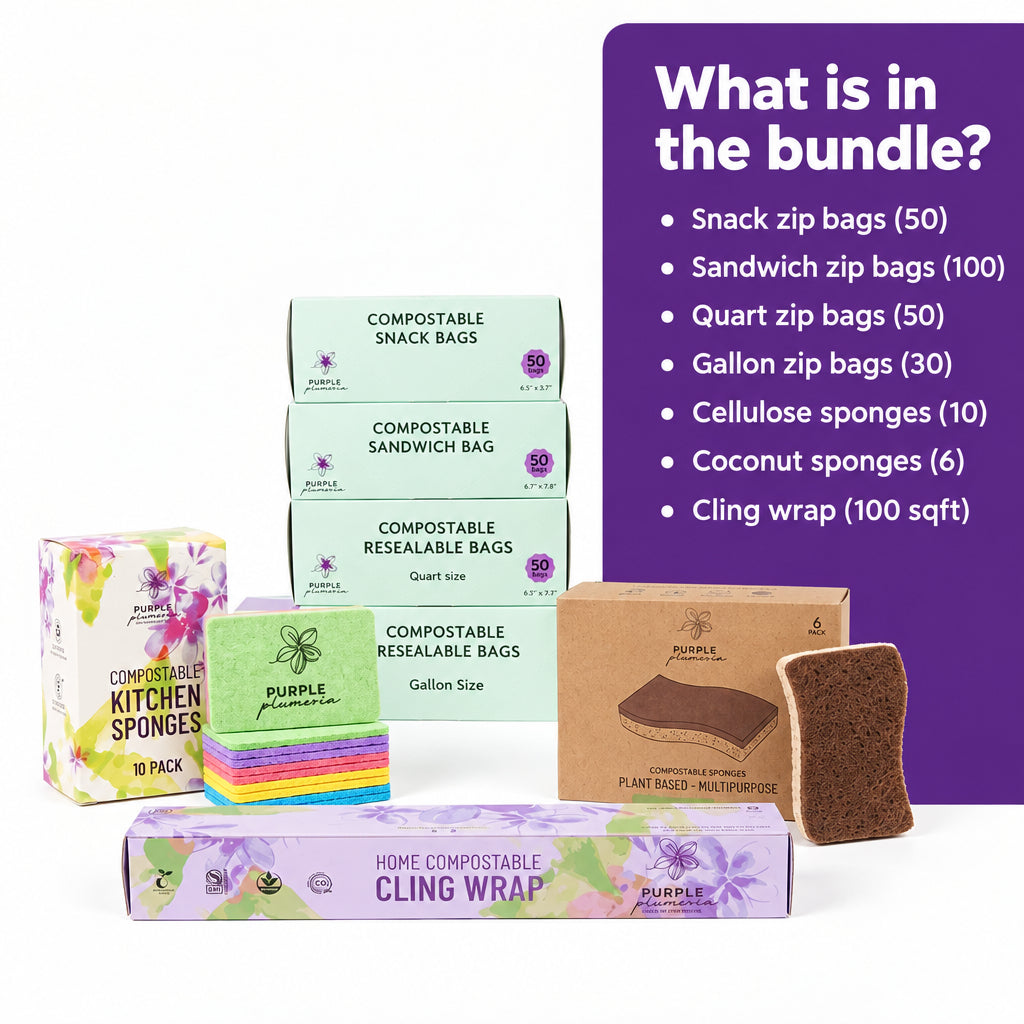 A product bundle featuring compostable kitchen sponges, compostable resealable snack bags, a gallon size bag, cling wrap, and compostable clings, shown with their colorful and natural packaging boxes on a white background.