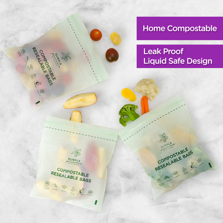 Compostable ziplock bags filled with food